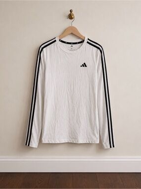 adidas White Long-Sleeve Tee with Black Three-Stripes